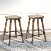 HomCom 2 Piece 24" Tall Rustic Industrial Armless Square Wood Top Bar Stool Set - Black / Woodgrain(m-6)