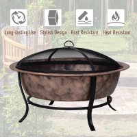 Outsunny 35" Outdoor Fire Pits, Wood Burning Camping Fire Pit, Black Rustic Cauldron Style Steel Firepit Bowl w/ Log Poker and Mesh Screen Enclosure for Ember Protection(m-5)