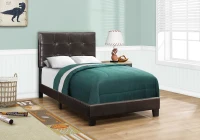Monarch Twin Size Contemporary Upholstered Bed Frame with Tufted Headboard and Wood Legs - Dark Brown Leather Look(m-2)