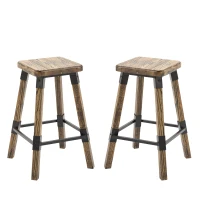 HomCom 2 Piece 24" Tall Rustic Industrial Armless Square Wood Top Bar Stool Set - Black / Woodgrain(m-2)