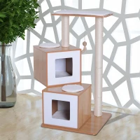 PawHut 40" Modern Cat Tree Multi-Level Scratching Post with 2 Cube Cave Enclosures - Oak Wood and White(m-2)