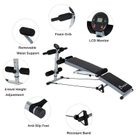 Soozier Steel Height Adjustable Multi-Position Abdominal Sit-Up Home Gym Bench with LCD Monitor and Resistance Bands(m-10)