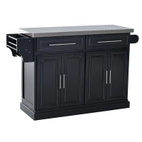 HOMCOM Rolling Kitchen Island with Storage, Portable Kitchen Cart with Stainless Steel Top, 2 Drawers, Spice, Knife and Towel Rack and Cabinets, Black(m-10)