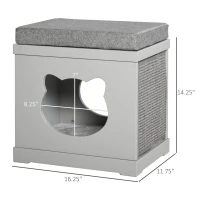 PawHut Wooden Cat Bed Cube House with Soft Padded Cushions, 2 Exterior Scratching Boards, & Interior Space, Grey(m-3)