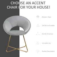 HOMCOM Modern Accent Velvet Chair Open Curved Mid-Back Upholstered Vanity Chair with Gold Plating Metal Legs for Living Room/Office/Reception Grey(m-5)