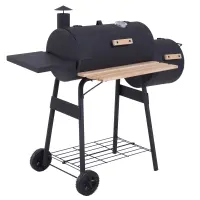 Outsunny Charcoal BBQ, Portable Grill with Wheels, All-in-One Grill, Side vent, Two Shelves and Metal Grating, Lit-Mounted Thermometer, Wooden Handle, for Outdoor Cooking, Black(m-1)