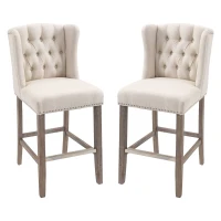 HOMCOM Counter Height Bar Stools Set of 2, Upholstered 26.75" Seat Height Barstools, Breakfast Chairs with Nailhead-Trim & Tufted Back, Wood Legs, Beige(m-1)