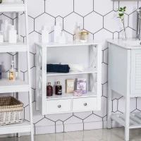 kleankin Wall Mount Bathroom Storage Rack with Open Shelves and Drawer Wooden Cabinet Organizer for Bathroom - White(m-2)