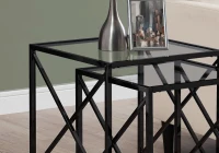 Monarch 2 Piece Contemporary Tempered Glass Nesting Accent Side End Table Set with X-Design Metal Base - Black Nickel(m-4)