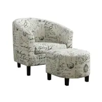 Monarch Modern Upholstered Curved Back Barrel Tub Chair with Matching Ottoman - Vintage French Print(m-1)