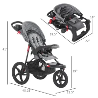 Qaba Baby Stroller Foldable Carriage for Toddler with Adjustable Backrest and Canopy Suspension System Rubber Tire 5-Point Harness Cup Holder Storage Basket Grey(m-3)