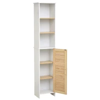 kleankin Tall Bathroom Floor Cabinet, Freestanding Linen Tower with Adjustable Shelf and Cupboard, Narrow Side Storage Organizer, Natural Wood(m-9)