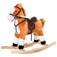 Qaba Kids Plush Toy Rocking Horse, Wooden Ride-on Chair, Plush Animal Rocker with Realistic Sounds and Moving Tail for Toddlers, Brown(m-9)