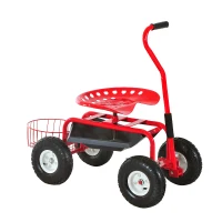 Outsunny Rolling Garden Work Cart with 360 Degree Swivel Seat and Bucket Basket - Red(m-3)