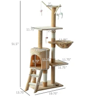 PawHut Cat Jungle Gym 52" Multi-Level Cat Tree Kitten Playhouse Kitty Activity Center Scratching Post Rest Condo with Hammock Beige(m-3)