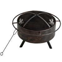 Outsunny 30" Outdoor Fire Pit with Screen Cover, Portable Wood Burning Firebowl Basin with Poker for Patio, Backyard, Black(m-2)
