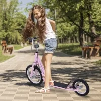 Homcom Adjustable Teen Kick Scooter Child Pro Stunt Scooter Ride On Speeder Kids Street Bike 16" Inflatable Tire Pink(m-1)