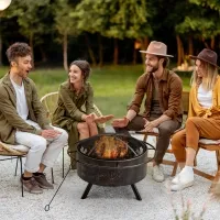Outsunny 30" Outdoor Fire Pit with Screen Cover, Portable Wood Burning Firebowl Basin with Poker for Patio, Backyard, Black(m-7)