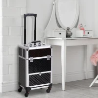 Homcom Makeup Case 20”Train Pro Aluminum Rolling Train Case Wheeled Box Upright Studded Black(m-2)