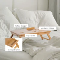 HOMCOM Study Desk Foldable Bamboo Wood Laptop Stand Notebook Table with Drawer Adjustable Cooling Bed and Legs(m-7)