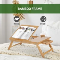 HOMCOM Bed Tray Table Foldable Bamboo Wood Laptop Stand Notebook Desk Table with Drawer, Adjustable Cooling Bed and Legs(m-6)