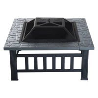 Outsunny Metal Fire Pit Square Fire Fit 32Inch Outdoor Steel Firepit Backyard Patio Garden Stove w/ Rain Cover(m-8)