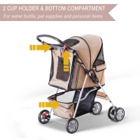 PawHut Puppy Stroller Pet Stroller Cat Dog Wheels Travel Zipper Entry Foldable Carrier Cart Cup Holder Brown(m-6)