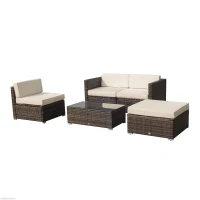 Outsunny 5PC Outdoor Rattan Wicker Sofa Set Aluminum Frame Garden Sectional Patio Furniture with Table Brown(m-4)