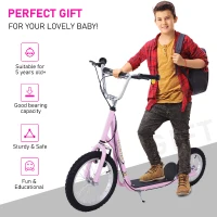 Homcom Adjustable Teen Kick Scooter Child Pro Stunt Scooter Ride On Speeder Kids Street Bike 16" Inflatable Tire Pink(m-4)