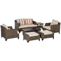 Outsunny 8 Pieces Wicker Patio Furniture Set, Outdoor PE Rattan Sectional Conversation Sofa Set w/ Aluminum Plate Top Table, Side Table & Cushions for Garden, Backyard, Beige(m-2)