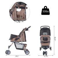 PawHut 3 Wheel Folding Dog Pet Cat Stroller with Brake and Canopy, Coffee(m-3)