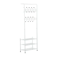 HOMCOM Coat and Shoe Rack Heavy Duty 2-In-1 Entryway Hall Tree 18 Hooks with 3 Tier Shelves White(m-7)