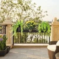 Outsunny 43'' x 12'' Hanging Flower Pot Stand Rack with Hooks, Metal Plant Pot Holder, Railing Shelf, Windows Decorate for Outdoor Garden Balcony Fence Patio(m-1)