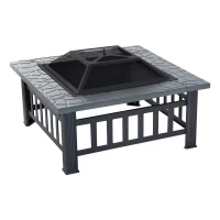 Outsunny Metal Fire Pit Square Fire Fit 32Inch Outdoor Steel Firepit Backyard Patio Garden Stove w/ Rain Cover(m-2)
