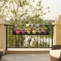 Outsunny 32'' x 12'' Hanging Flower Pot Stand Rack with Hooks, Metal Plant Pot Holder, Railing Shelf, Windows Decorate for Outdoor Garden Balcony Fence Patio(m-1)