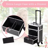 Homcom Makeup Case 20”Train Pro Aluminum Rolling Train Case Wheeled Box Upright Studded Black(m-6)