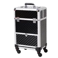 Homcom Makeup Case 20”Train Pro Aluminum Rolling Train Case Wheeled Box Upright Studded Black(m-1)