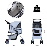 PawHut Jogging Stroller 4 Wheel Pet Stroller Carrier Folding Sunshade Oxford Cloth Canopy w/Brake Lightweight Reflective Strip Grey(m-3)