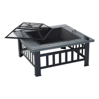 Outsunny Metal Fire Pit Square Fire Fit 32Inch Outdoor Steel Firepit Backyard Patio Garden Stove w/ Rain Cover(m-10)