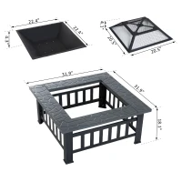 Outsunny Metal Fire Pit Square Fire Fit 32Inch Outdoor Steel Firepit Backyard Patio Garden Stove w/ Rain Cover(m-3)