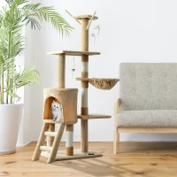 PawHut Cat Jungle Gym 52" Multi-Level Cat Tree Kitten Playhouse Kitty Activity Center Scratching Post Rest Condo with Hammock Beige(m-1)