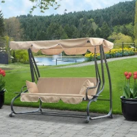 [Pick UP] Outsunny Heavy-duty Metal 3 Seater Outdoor Swing Chair Garden Hammock Bed with Canopy and 2 Pillows Beige(m-2)