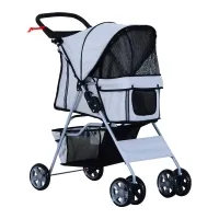 PawHut Jogging Stroller 4 Wheel Pet Stroller Carrier Folding Sunshade Oxford Cloth Canopy w/Brake Lightweight Reflective Strip Grey(m-1)