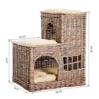 Pawhut 3-Tier Handcrafted Wicker Cat Condo Lounge Bed Indoor Outdoor Play House w/ Soft Cushions(m-3)