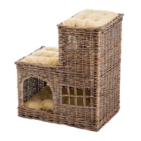 Pawhut 3-Tier Handcrafted Wicker Cat Condo Lounge Bed Indoor Outdoor Play House w/ Soft Cushions(m-1)