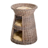 PawHut 24" 3 Tier Round Rattan Wicker Elevated Cat Bed Condo with Cushions(m-1)
