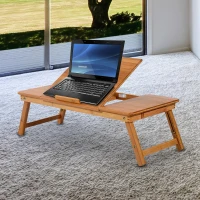 HomCom 28” Adjustable Wooden Folding Bamboo Laptop Bathtub Tray Table With Storage Drawer(m-3)