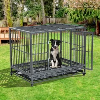 PawHut 42" Stainless Steel Elevated Indestructible Dog Kennel Rolling Pet Crate With Dual Pans(m-2)
