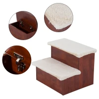 PawHut 14" 4 Step Portable Folding Wooden Easy Climb Pet Stairs Ramp with Storage Compartments(m-5)