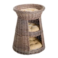 PawHut 24" 3 Tier Round Rattan Wicker Elevated Cat Bed Condo with Cushions(m-5)